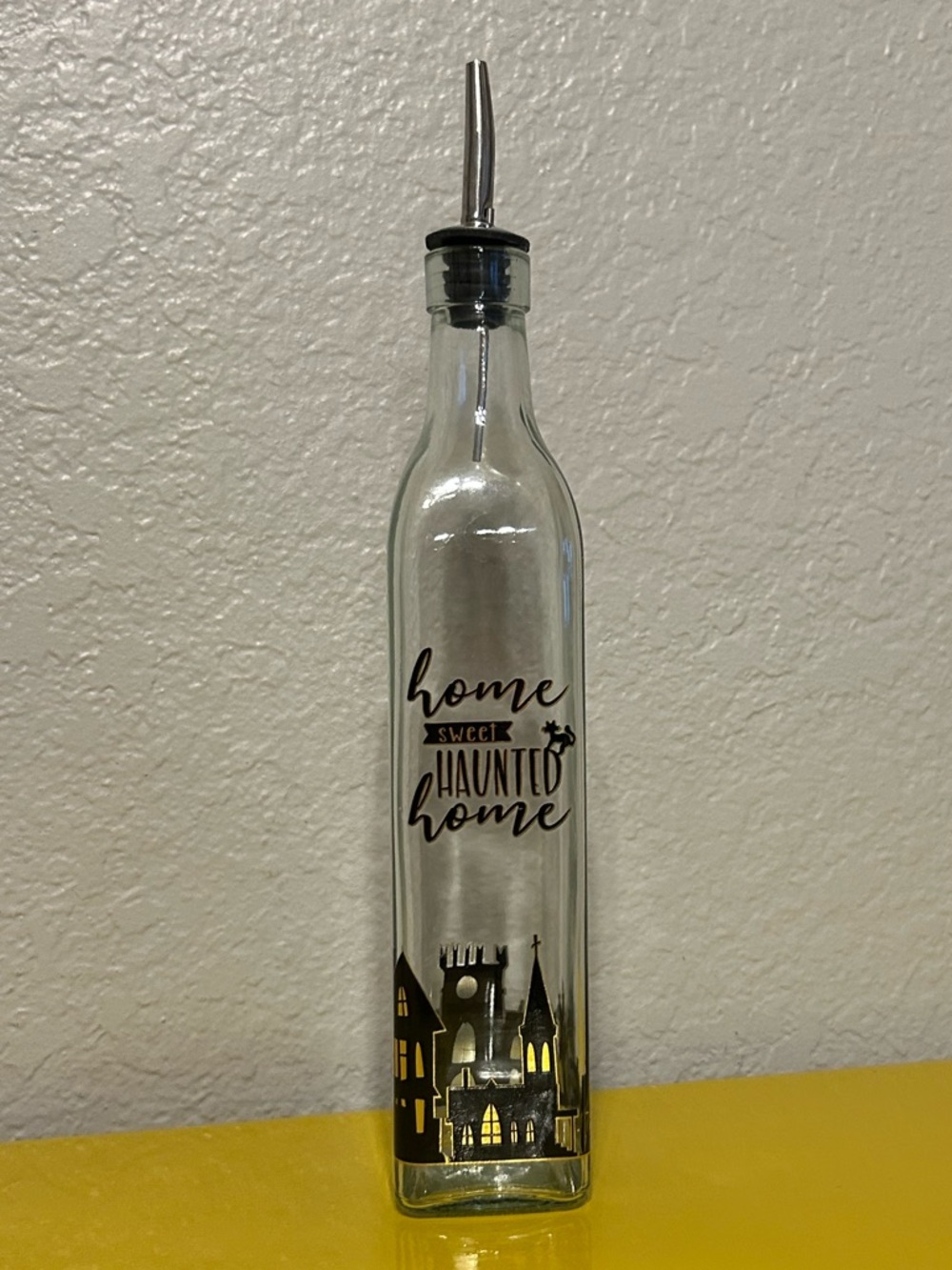 Glass Olive Oil Dispenser Bottle in Clear with Black Halloween Design